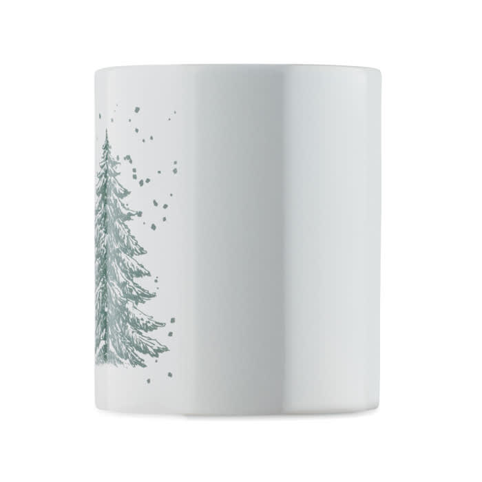A drink bottle in white featuring a simple green Christmas tree illustration. Includes a logo on the side.