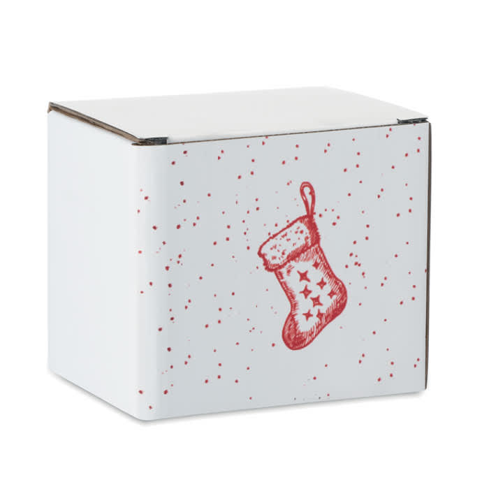 A white box decorated with red stars and a stocking design, featuring a festive, snow-like pattern.