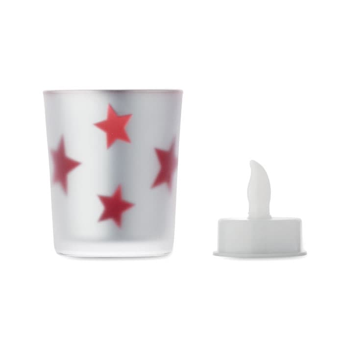 A drink bottle featuring a silver finish with red stars and a white lid. Includes a logo on the bottle.