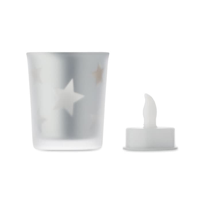 A silver drink bottle with a frosted finish and star patterns, accompanied by a white lid.