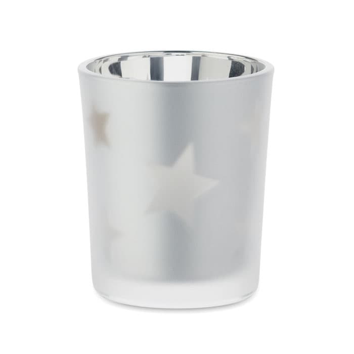 A frosted glass candle holder featuring a silver interior and star designs in a white exterior.