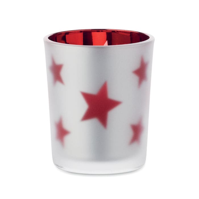 A drink bottle with a frosted white finish featuring red stars and a shiny red interior. It has a logo on the side.