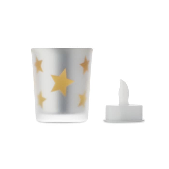 A drink bottle with a frosted finish, featuring yellow stars and a removable white lid.
