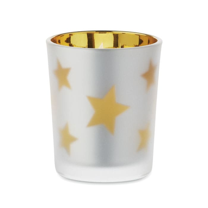 A drink bottle featuring a frosted exterior with gold star patterns and a shiny gold interior.