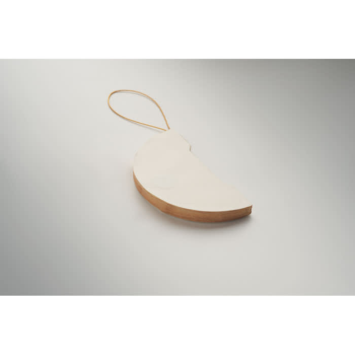 A decorative product shaped like a crescent, featuring a smooth white surface and a natural wood base.