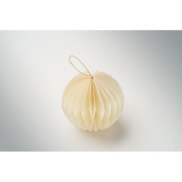 A decorative cream paper bauble with a pleated design and a hanging loop.