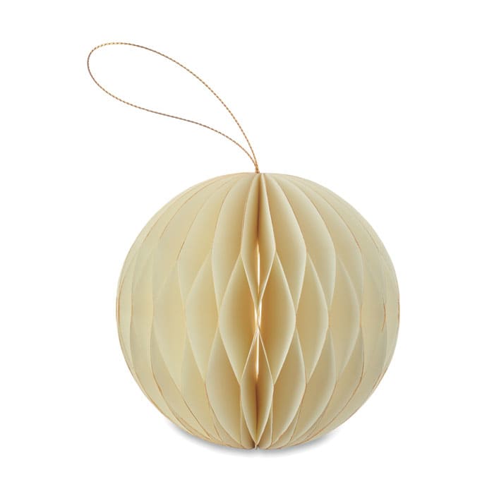 A decorative honeycomb ornament in cream colour, featuring a loop for hanging. It has a textured, layered design.
