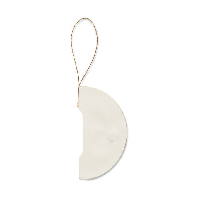 A decorative white bauble with a string for hanging, featuring a simple half-moon shape.