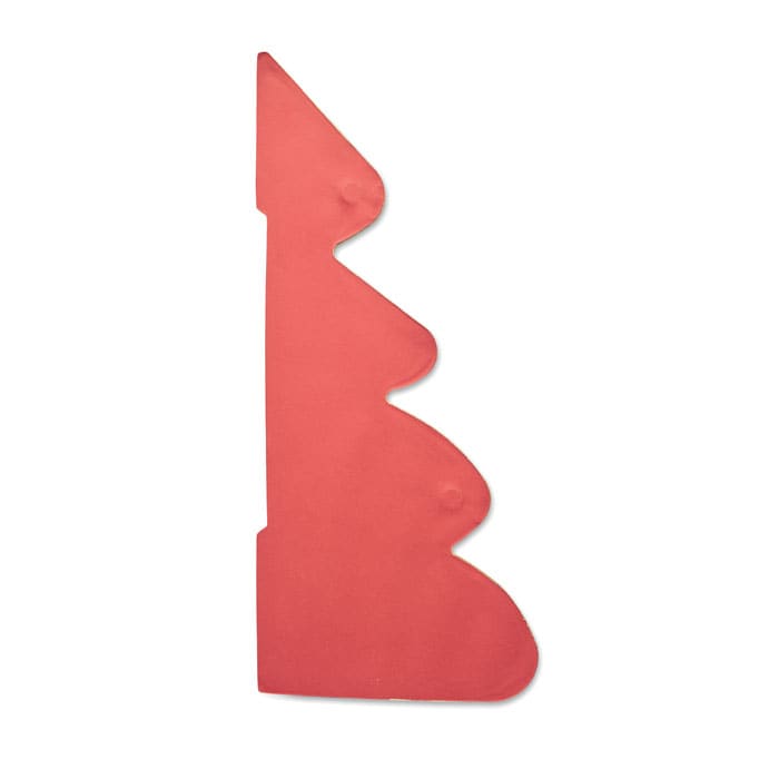 A red promotional product with a unique shape featuring multiple rounded edges and a logo on it.