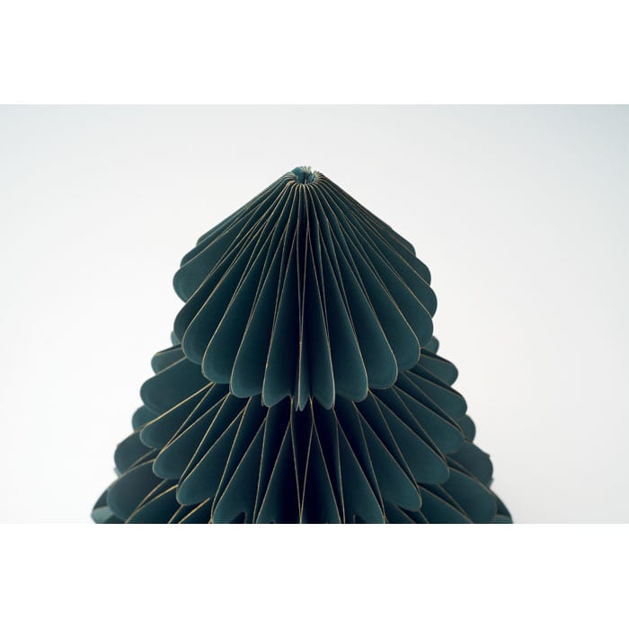 A decorative green paper tree with layered, fan-like shapes, featuring a pointed top.