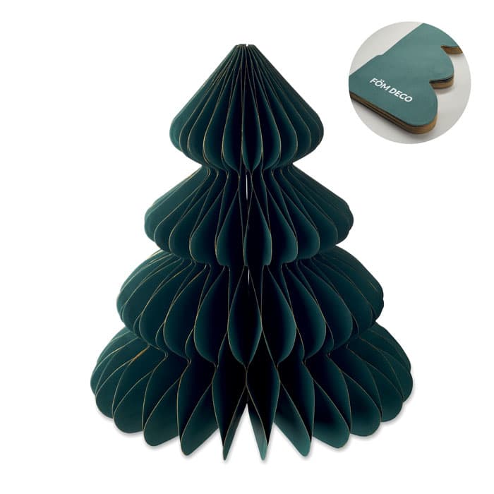 A decorative paper tree in deep green, featuring a layered design and a small inset of the product's branding.