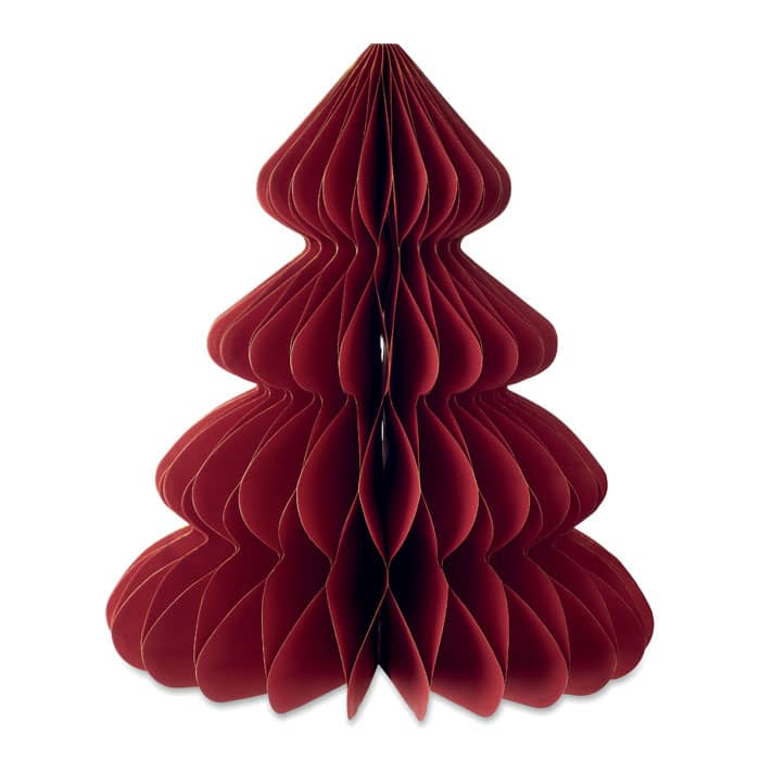 A decorative red honeycomb tree made of layered paper folds. It features a stylish three-dimensional design.