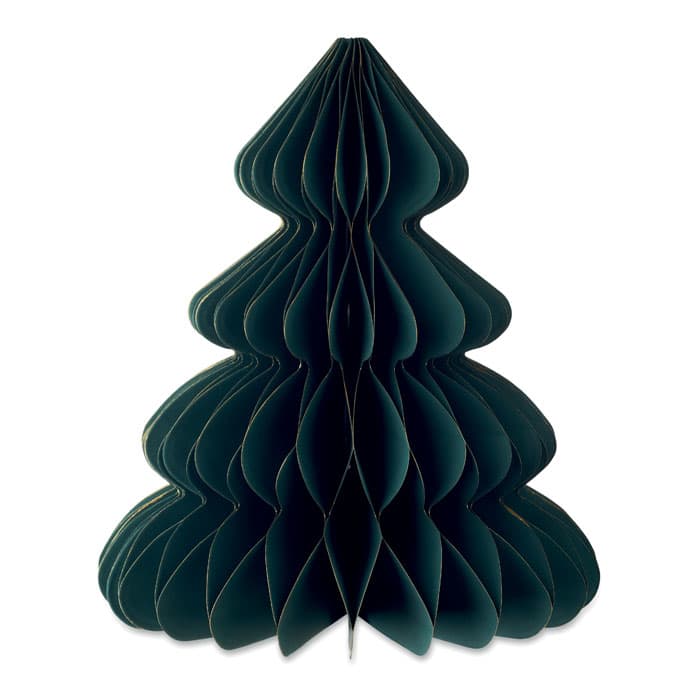 A decorative paper Christmas tree in dark green, featuring a layered honeycomb design.