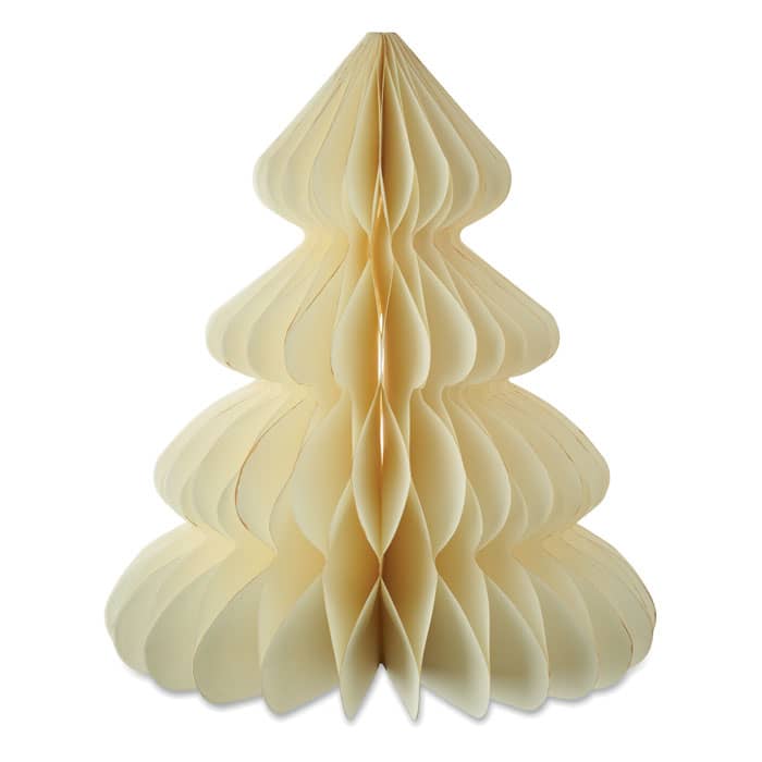 A decorative paper tree in cream colour with a layered, honeycomb design, standing upright on a white background.