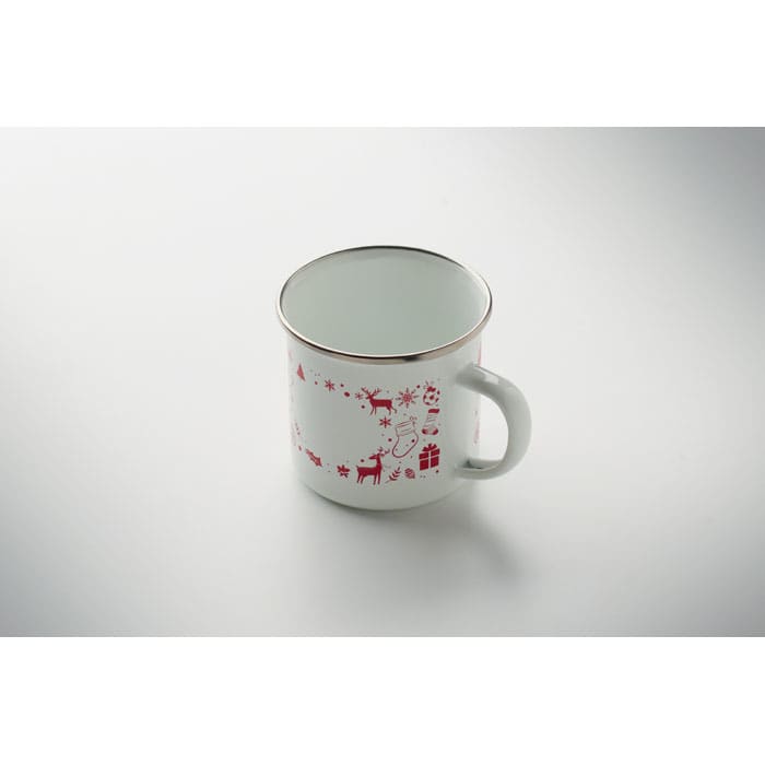 A drink bottle featuring a white design with red festive illustrations and a gold rim.