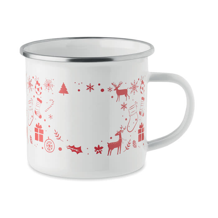 A drink bottle in white with red festive designs, including reindeer, stockings, and Christmas motifs. It has a silver rim.