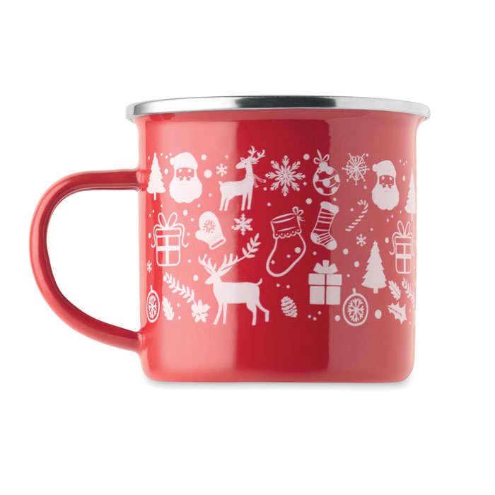 A red enamel mug with white festive illustrations including Santa, reindeer, gifts, and Christmas trees.