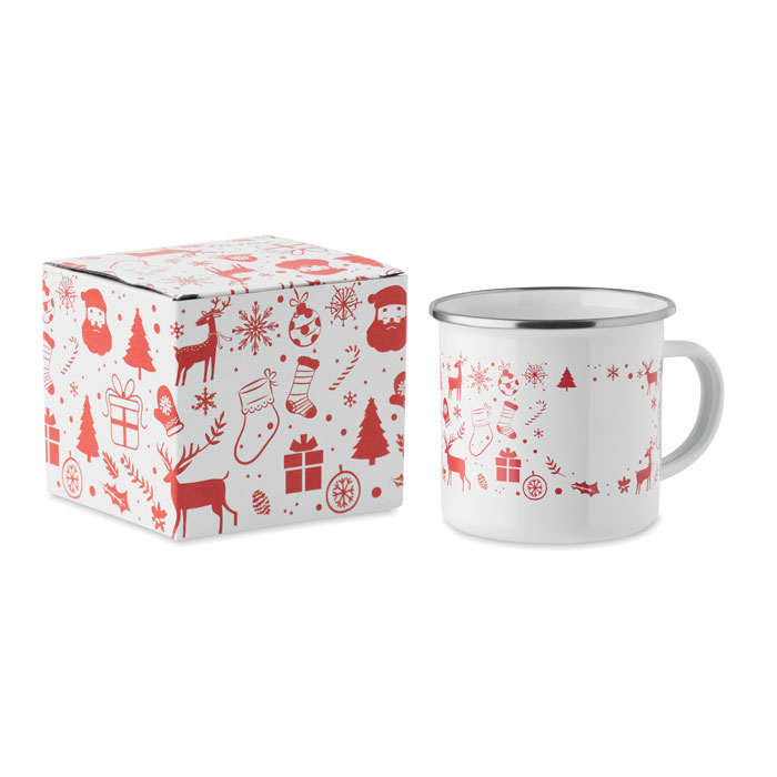 A drink bottle with a white and red festive design, accompanied by a matching patterned box.