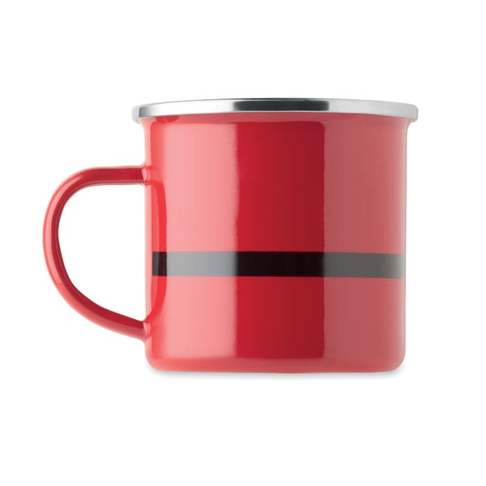 A red drink mug with a silver rim and a black stripe around the middle. It has a sturdy handle and a glossy finish.