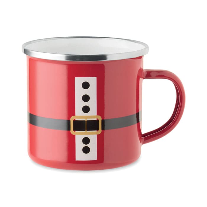 A red mug with a silver rim, featuring a design resembling Santa's suit with black belt and buckle details.