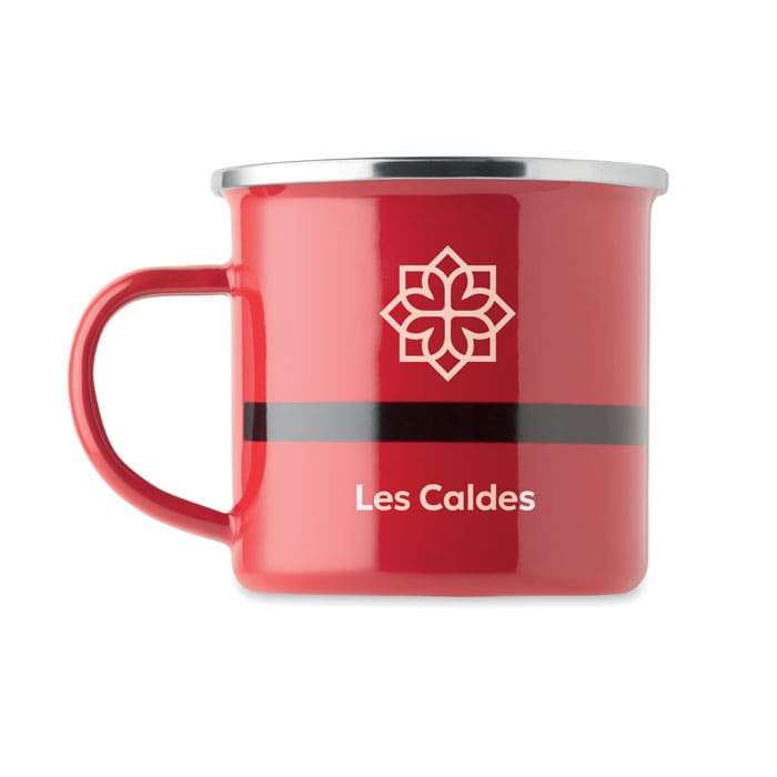 A red enamel mug with a silver rim and a handle, featuring a decorative logo and black stripe.