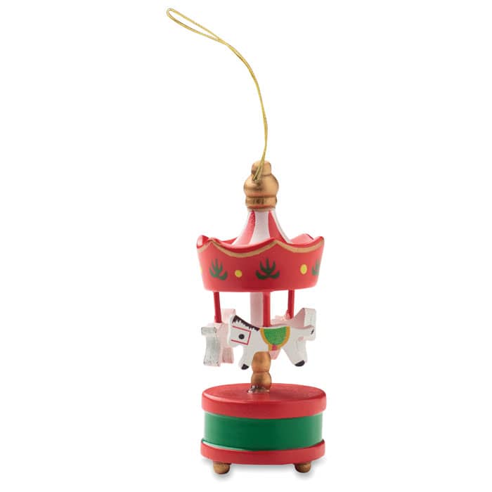 A decorative carousel ornament in red and green, featuring small white horses and a hanging loop.