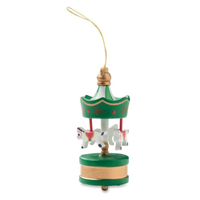 A decorative carousel ornament featuring white horses, a green top, and a gold base, with a hanging string.