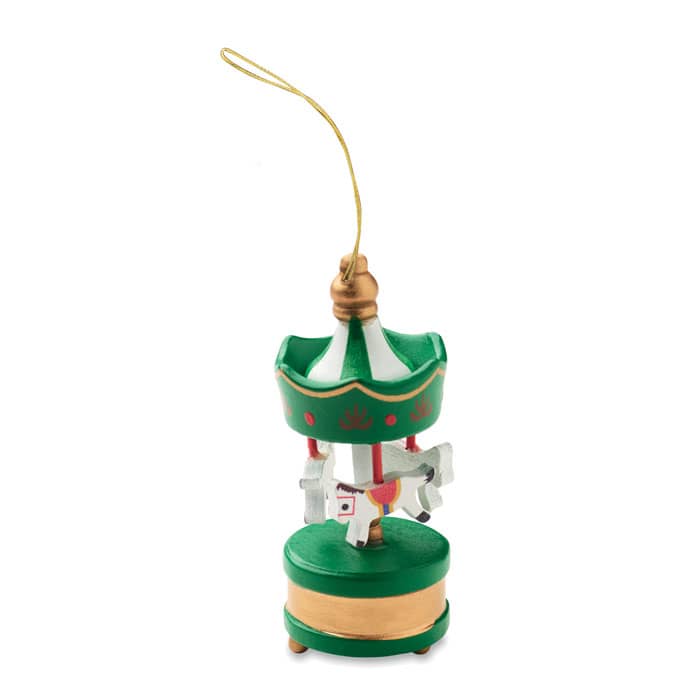 A decorative carousel ornament in green and gold, featuring miniature horses and a hanging loop for display.
