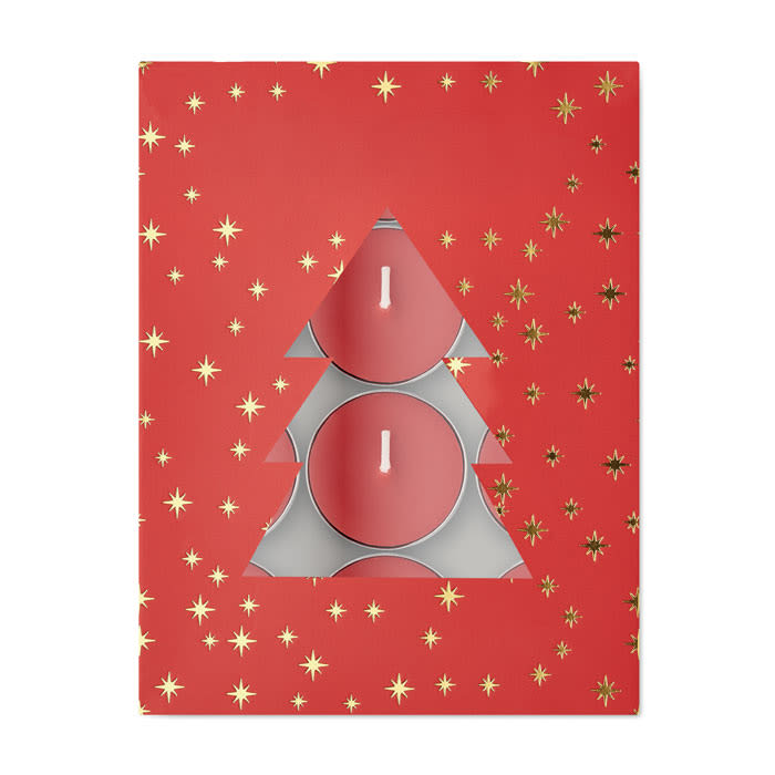 A red gift box decorated with gold stars, featuring two candles shaped like a Christmas tree.