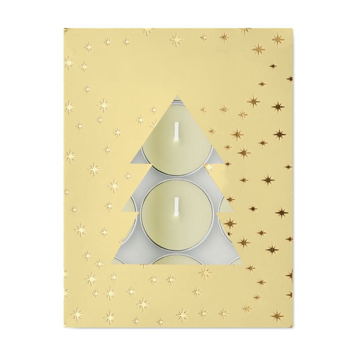 A candle box with a gold exterior featuring a tree cutout and three white tea lights inside. It has a star pattern.