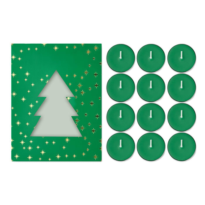 A green Christmas-themed card with a tree cutout and twelve green candles arranged beside it.