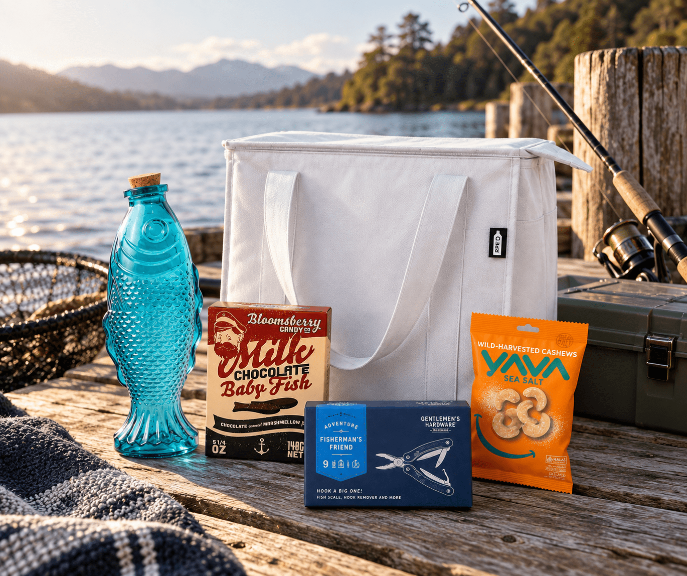 A drink bottle shaped like a fish, a cooler bag, snacks, and fishing tools on a wooden surface by the water.