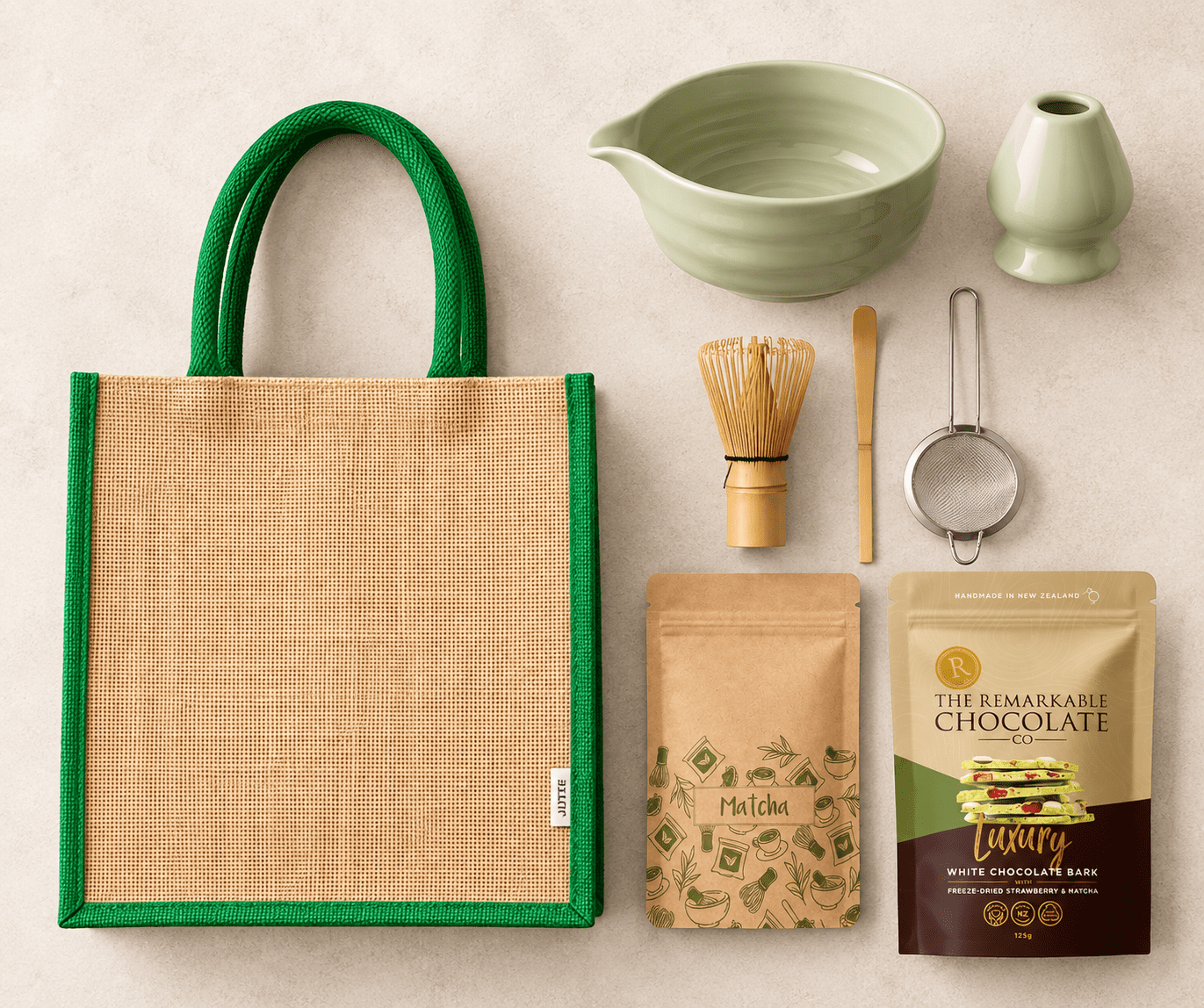 A green and natural tote bag contains a matcha set with a whisk, bowl, scoop, and chocolate.
