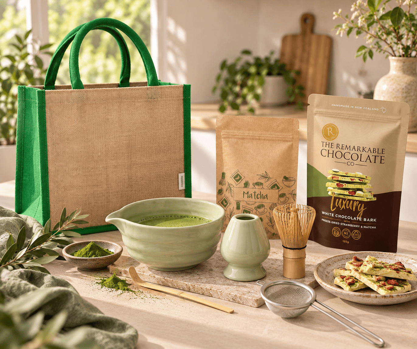 A green and beige gift set with matcha, a bowl, whisk, chocolate, and a bag, arranged on a wooden countertop.