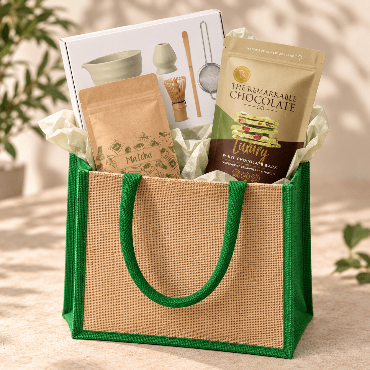 A gift set featuring a green bag filled with matcha powder, white chocolate, a whisk, and a recipe book.