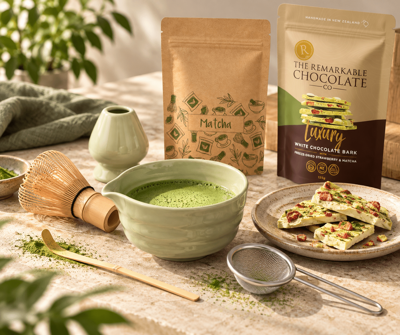 A green matcha bowl with whisk, packet of matcha powder, and white chocolate bark on a textured surface.