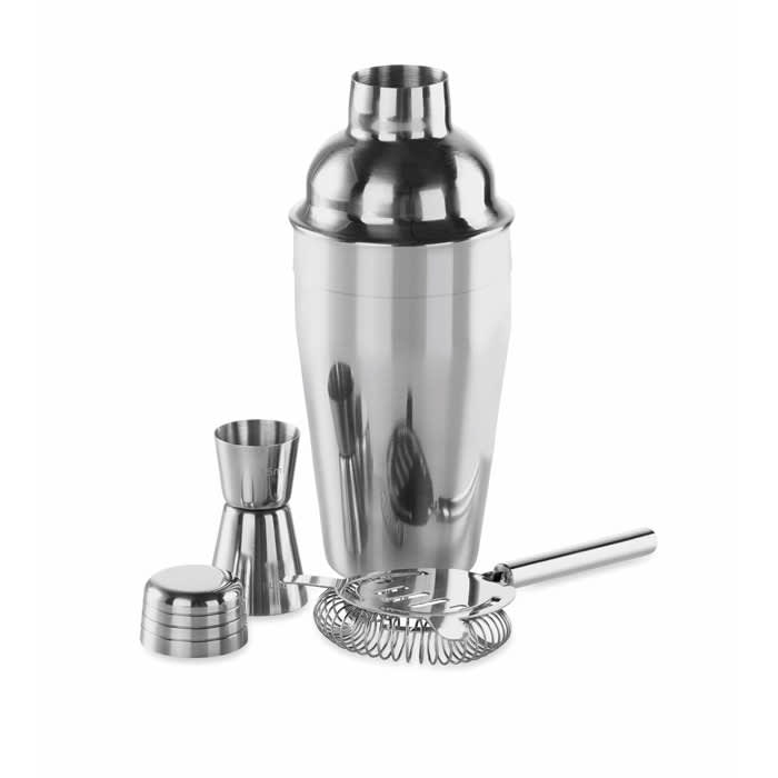 A drink bottle set featuring a stainless steel cocktail shaker, jigger, and strainer in a polished finish.