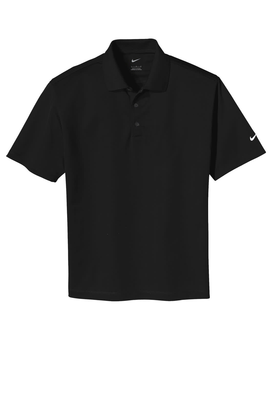 A black Nike Tech Basic Dri-FIT polo shirt featuring a logo. Short-sleeved with a classic collar and button placket.