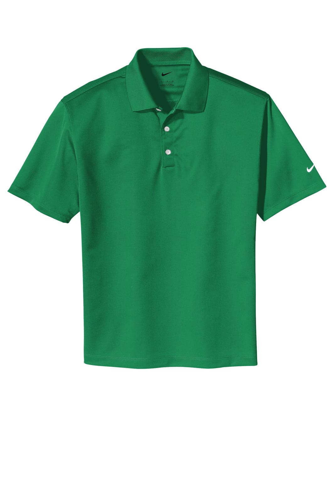 A green Nike Tech Basic Dri-FIT polo shirt with a collar and three buttons, featuring a logo.