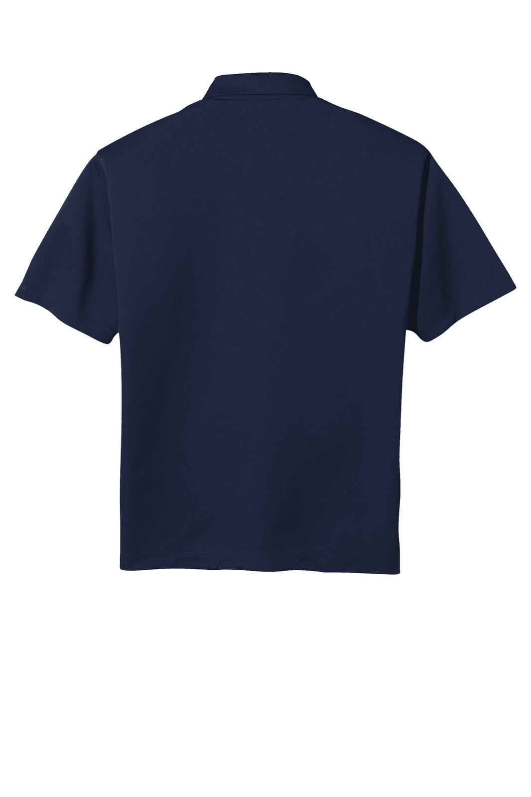 A navy blue polo shirt featuring a collar and short sleeves, with a branding logo on the front.