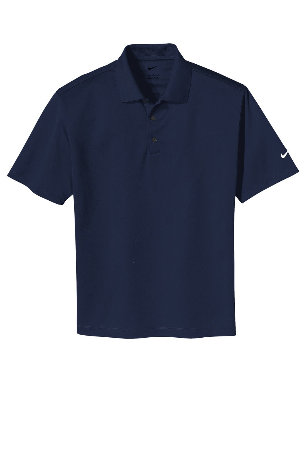 A navy blue polo shirt with a collar and a logo on the sleeve. Ideal for casual or sporty settings.