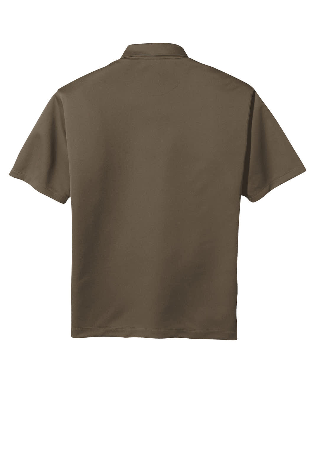 A brown polo shirt with a collar and short sleeves, featuring a logo on the upper back.