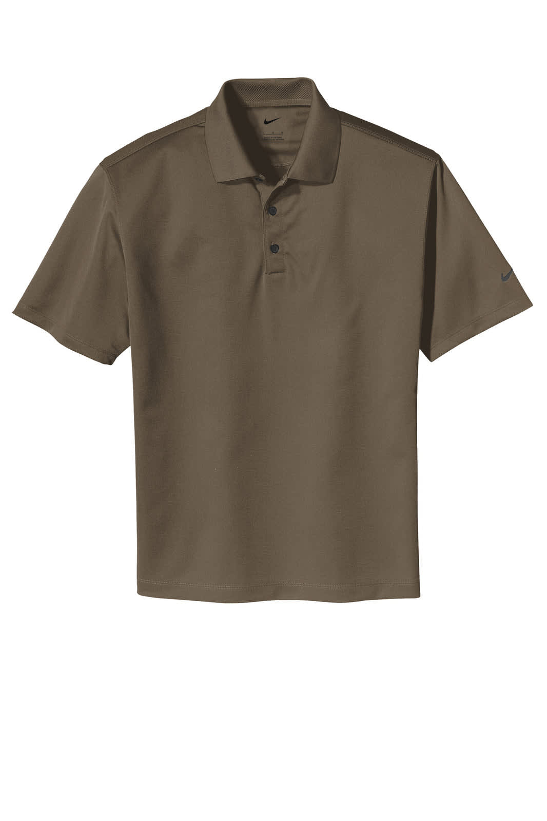 A brown Nike Tech Basic Dri-FIT polo shirt featuring a collar and short sleeves, with a logo on the sleeve.