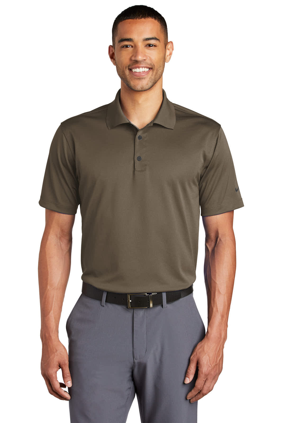 A short-sleeved, olive green polo shirt with a collar and a logo, paired with grey pants.