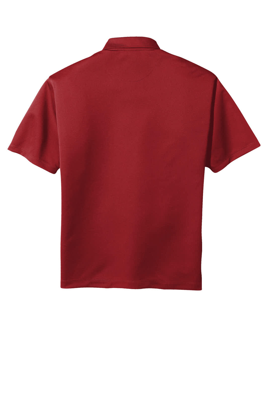 A red polo shirt with a collar and short sleeves, featuring a logo. The back view is shown.