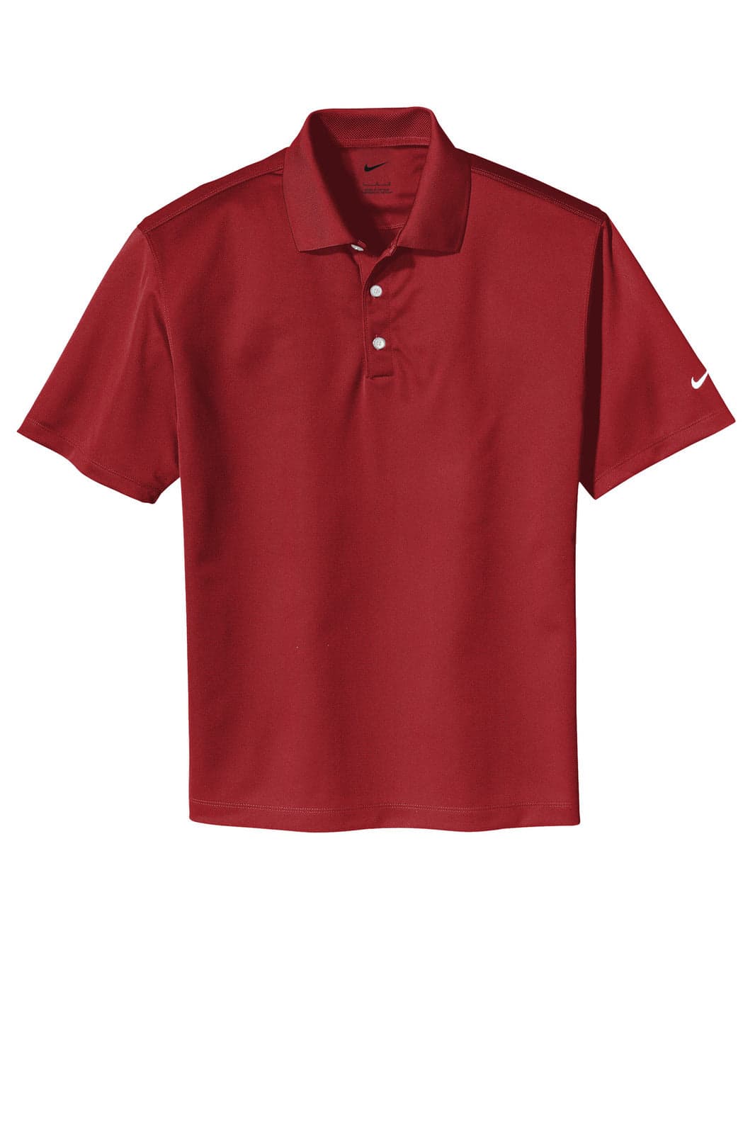 A red Nike Tech Basic Dri-FIT polo shirt with a collar and three buttons, featuring a logo.