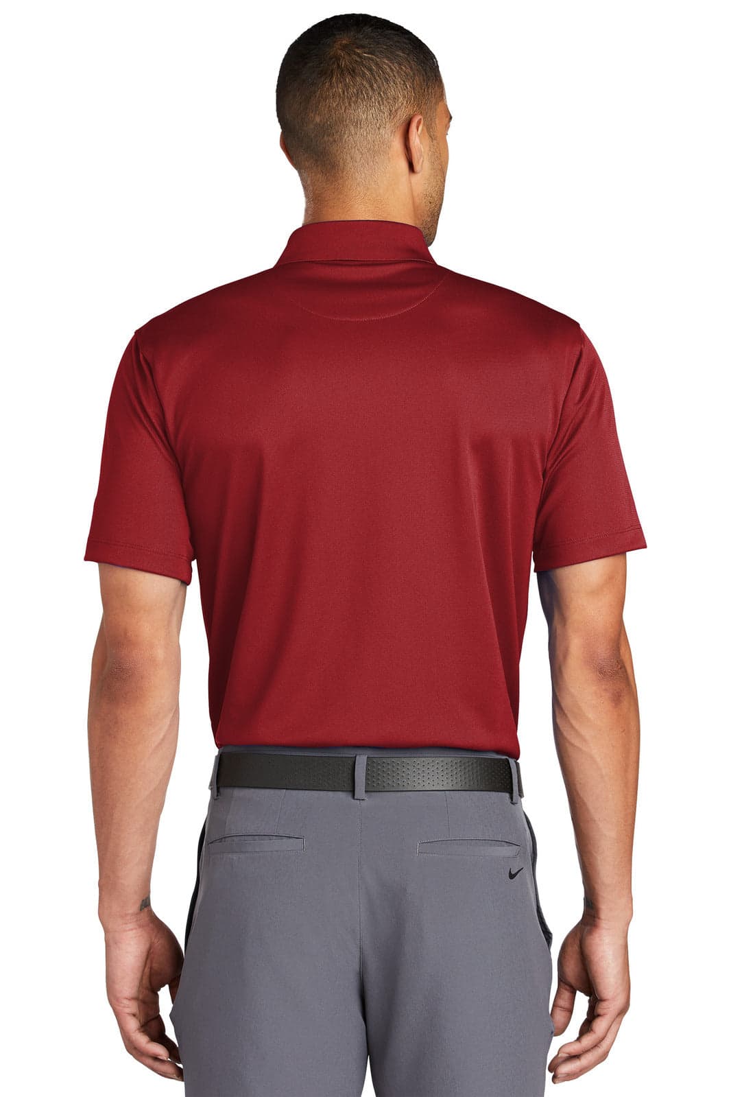 A men's polo shirt in dark red, featuring a collar and short sleeves, with a logo on the back.