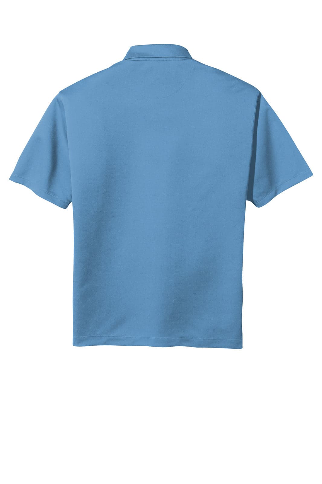 A blue polo shirt with a collar and short sleeves. The back view highlights a plain design. It has a logo.