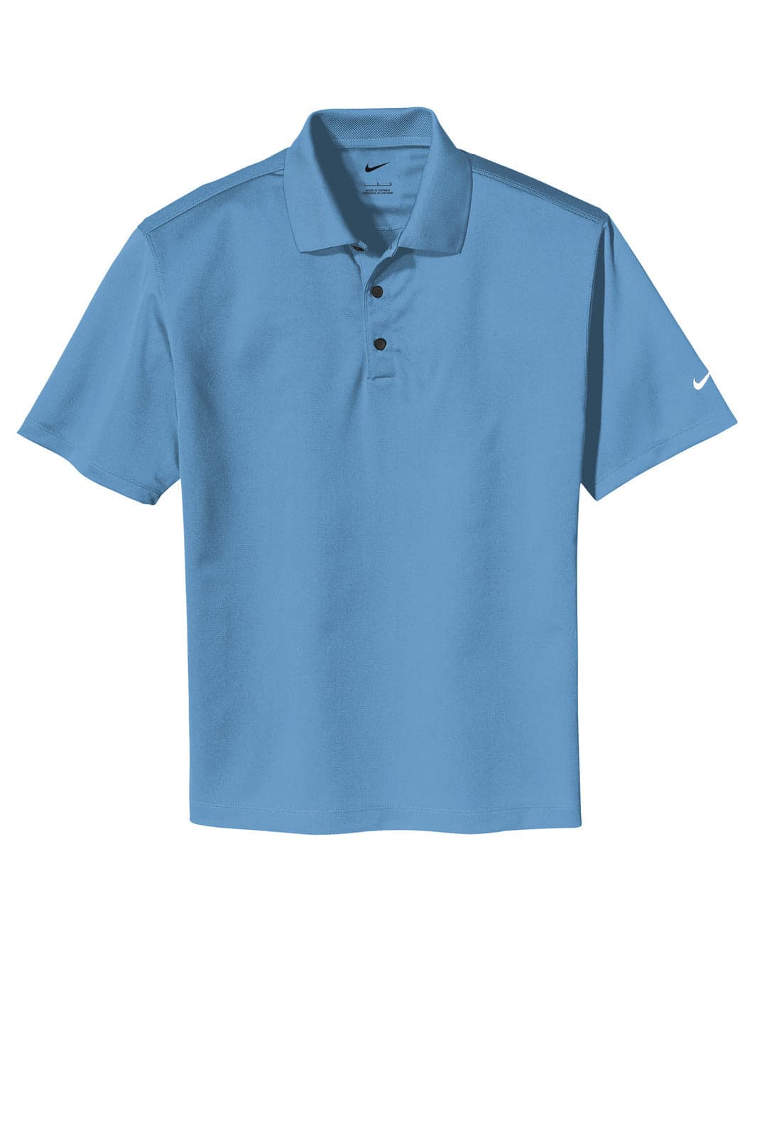 A blue Nike Tech Basic Dri-FIT polo shirt with a collar, three buttons, and a branding logo.
