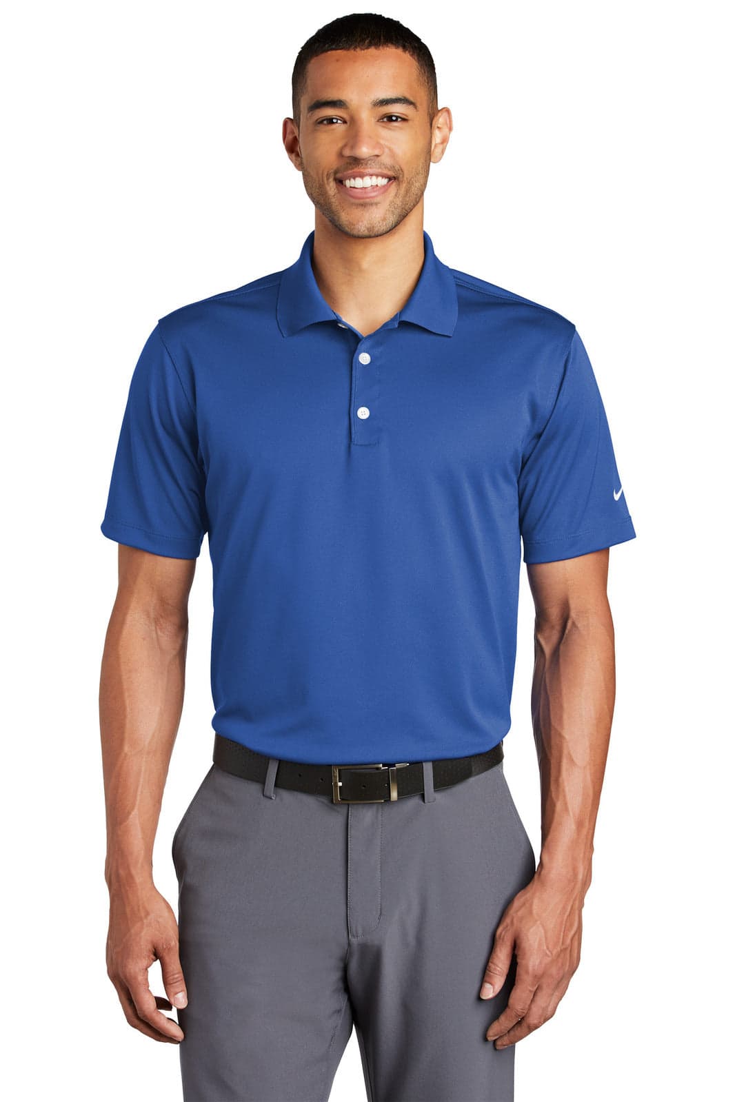 A blue Nike Tech Basic Dri-FIT polo shirt, featuring a collar, short sleeves, and a branding logo.